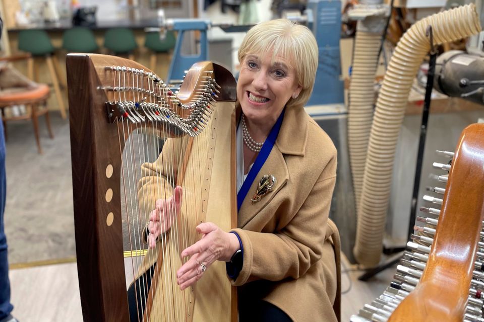 Presidential candidate Heather Humphreys tries a harp in a shop while canvassing in Gorey, Co Wexford. Photo: Gráinne Ní Aodha/PA